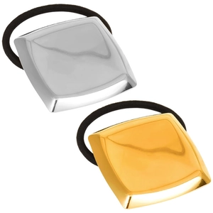 Close-up of geometric square metal charms on elastic hair ties in gold and silver finish