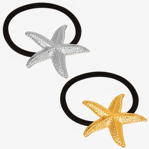 Détail de breloques étoile de mer en acier inoxydable 304 sur élastiques à cheveux noirs or et argent
