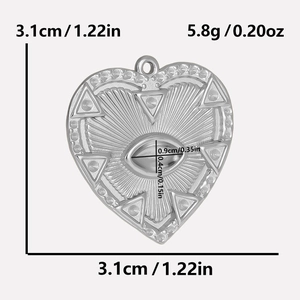 Detailed view of 304 stainless steel heart pendant with eye motif and dimensions