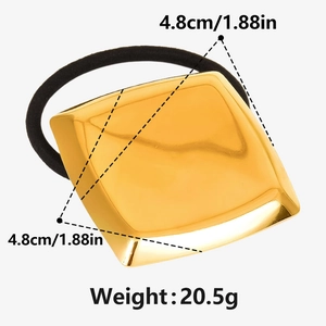 Detail view of square gold 304 stainless steel hair tie showing dimensions and weight