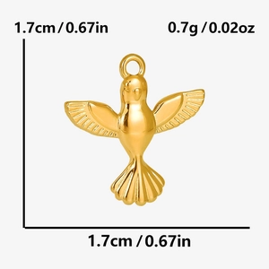Detailed dimensions of a gold 304 stainless steel bird pendant showing height and width