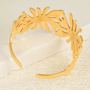Elegant 18K gold-plated stainless steel cuff bracelet with openwork leaf textures