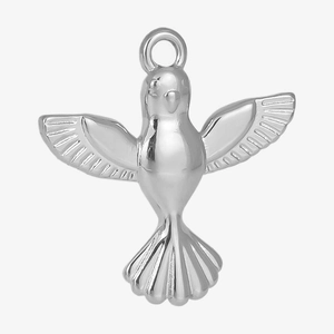 Detailed view of polished 304 stainless steel bird pendant with intricate feather carvings