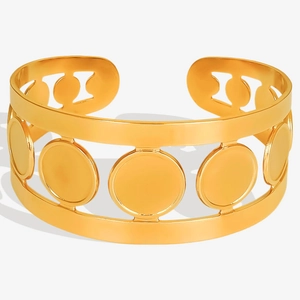 Detail of 18K gold plated 304 stainless steel open bangle with hollow geometric circles