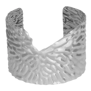 Bracelet manchette en C ajustable en acier inoxydable 304 avec texture martelée argentée