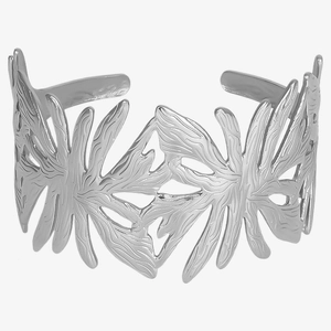 Detail view of silver 304 stainless steel open cuff bracelet with palm leaf texture
