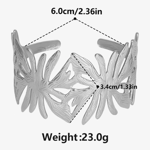 Detailed dimensions of 304 stainless steel open bangle with hollow leaf pattern