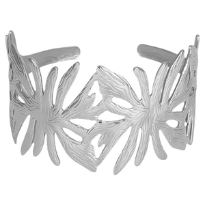 Adjustable 304 stainless steel open cuff bracelet with tropical leaf hollow design