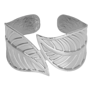 Minimalist silver stainless steel open bangle featuring layered leaf motifs and hammered texture