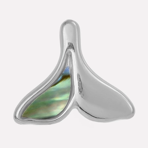 Macro detail of whale tail pendant with inlaid iridescent natural abalone shell