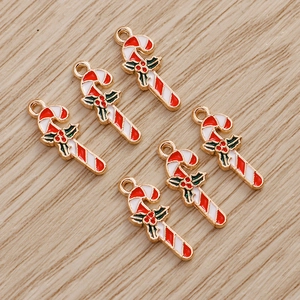 5pcs Christmas candy cane alloy charms with red white stripes and holly leaf for DIY