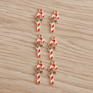 Set of 6 Christmas candy cane alloy pendants with red white stripes and green leaves