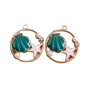 Golden round marine charms with green scallop enamel, starfish and pearls for DIY jewelry