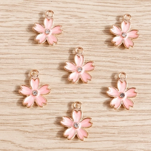 Pink cherry blossom enamel flower pendants with small crystals for DIY jewelry making