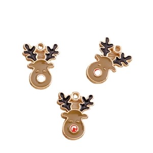 Golden alloy Christmas reindeer head pendants with colorful enamel drips for DIY jewelry making