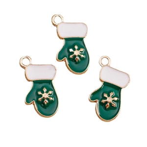 Tres colgantes de guante de Navidad de esmalte verde y blanco con copo dorado para joyería
