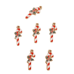 Set of 6 red and white enamel Christmas candy cane charms with gold alloy edges