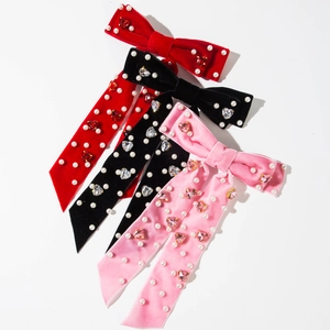 Barrette Cheveux en Velours Avec Nœud Cœur Strass Künstliche Perle Ruban à Gland Doux Clip à Ressort Pour Femme Mariage Noël