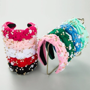 Baroque Knotted Wide Headband For Women Vintage Heart Imitation Artificial Pearl Rhinestone Fabric Hair Hoop Elegant Hair Accessories