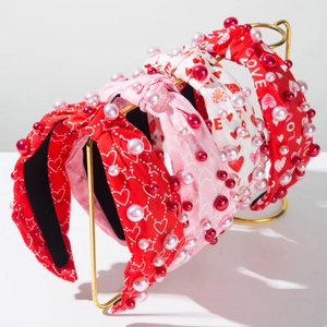 Serre-tête en Tissu Noué Imprimé Cœur LOVE pour la Saint-Valentin Avec Fausse Künstliche Perle Bandeau Large Accessoires Cheveux Femmes