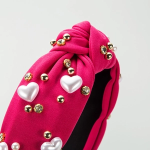 Baroque hot pink knotted headband with heart pearls and sparkling rhinestones for women