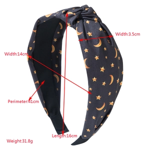 Detailed size specifications for knotted fabric headband with star and moon print