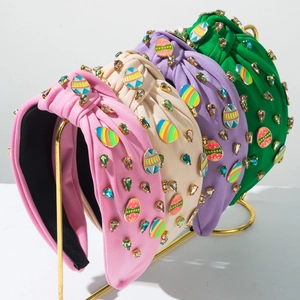 Serre-tête Nœud Œuf de Pâques avec Strass Bandeau en Tissu avec Breloques en Émail Cristal Coloré Accessoires de Cheveux Femme
