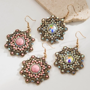 Bohemian Vintage Alloy Pink Turquoise Texture Dangle Earrings For Women Western Geometric Flower Rhinestone Inlaid Ear Hook Jewelry