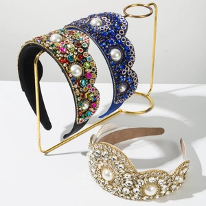 Baroque Vintage Luxury Rhinestone Artificial Pearl Crown Headband Wide Padded Hair Accessories For Women Wedding Party Jewelry
