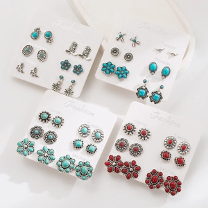 Boheemse Vintage Legering Turkoois Oorknopjes Set Voor Vrouwen Etnische Stierkop Bloem Paard Westerse Sieraden
