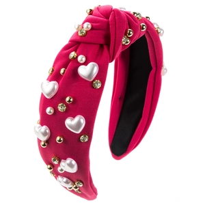 Baroque rose red knotted headband with white heart pearls and sparkling rhinestones