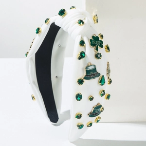 St. Patrick's Day white knotted headband with green gems and Irish clover charms