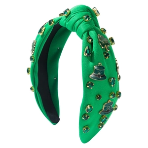 Green St. Patrick's Day headband with rhinestones, shamrock pendant and Irish hat decor