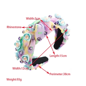 Dimensions détaillées du serre-tête rembourré tie-dye avec fleurs en strass bleus