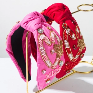 Serre-tête Noué Doux Cœur Perlé en Tissu Strass Noël Bandeau Cheveux pour Femmes Accessoires de Coiffure de Fête