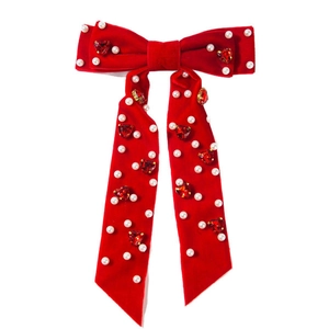 Pince à cheveux noeud en velours rouge avec perles et cristaux en forme de coeur