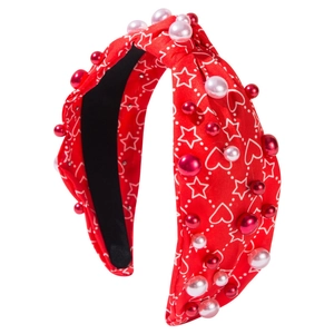 Serre-tête noué rouge à motifs cœurs et étoiles avec perles de nacre élégantes
