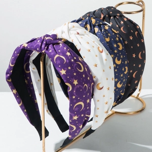 Fashion Knotted Wide Fabric Headband For Women Vintage Star Moon Print Hair Band Non-Slip Elegant Hair Accessories