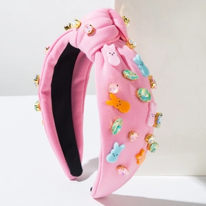 Serre-tête Nœud en Tissu Rose de Pâques Douce Couleur Bonbon Strass Breloques Lapin Bandeau Festif pour Femmes Filles Accessoires de Fête