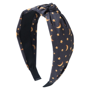 Black knotted headband for women with stylish yellow star and crescent moon prints