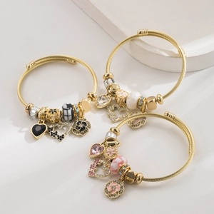 Stainless Steel Gold Plated Charm Bracelet Adjustable Open Bangle Flower Heart Enamel Rhinestone Beads Jewelry For Women