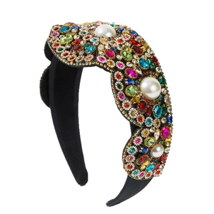 Baroque velvet headband with colorful rhinestones and large white pearls in retro style