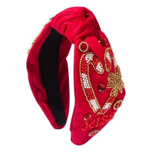 Serre-tête de Noël rouge avec nœud en perles et motifs festifs de cannes en strass