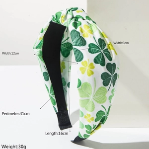 Detailed dimensions of St. Patrick's Day green clover knotted headband with measurements