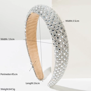 Detailed dimensions of silver baroque rhinestone headband showing width and weight