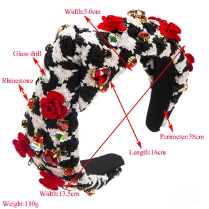 Detailed macro view of houndstooth headband with velvet roses and sparkling crystal rhinestones