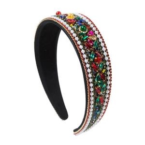 Baroque style wide headband with colorful crystals and double row pearls on black velvet