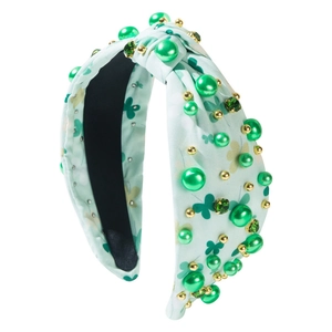 Serre-tête Saint-Patrick avec imprimé trèfles, perles vertes et strass brillants