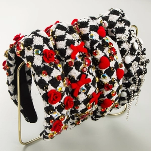 Vintage Houndstooth Headband For Women Baroque Style Red Bow Heart Rose Rhinestone Inlaid Valentine Day Hair Accessories