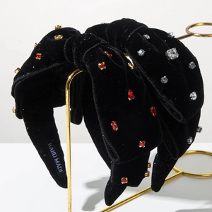 Cerchietto Largo in Velluto Retrò Donna Elegante Decorazione Strass Design a Nodo Fiocco Accessorio Capelli Fatto a Mano